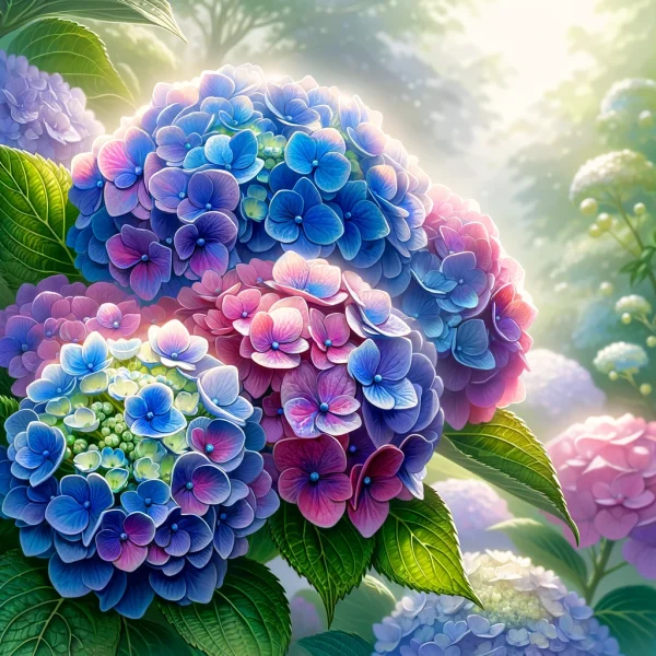 DALL·E 2024-04-18 13.49.25 - A realistic and detailed illustration of hydrangea flowers in full bloom, showcasing an array of colors like blue, purple, and pink. The setting is a