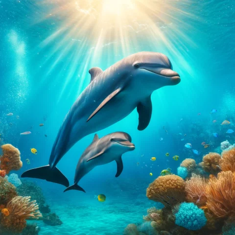 DALL·E 2024-05-19 05.29.41 – A mother dolphin leading a baby dolphin in a vibrant, clear ocean. The mother dolphin is gracefully swimming ahead, while the baby dolphin follows clo DALL·E 2024-05-19 05.29.41 - A mother dolphin leading a baby dolphin in a vibrant, clear ocean. The mother dolphin is gracefully swimming ahead, while the baby dolphin follows clo