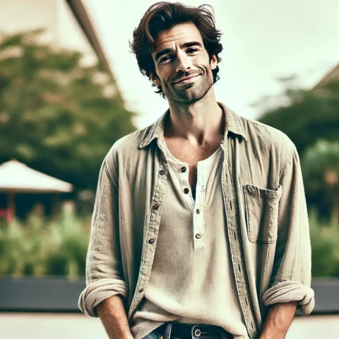 DALL·E 2024-08-14 04.31.14 - A man with an insouciant expression, standing casually with his hands in his pockets. He has a slight, carefree smile on his face and relaxed posture