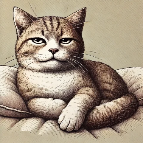 DALL·E 2024-08-14 04.37.16 - A detailed drawing of a cat with an insouciant expression, sitting lazily on a soft cushion. The cat has half-closed eyes, a relaxed posture, and a sl