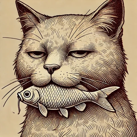 DALL·E 2024-08-14 04.39.14 - A detailed drawing of a cat with an insouciant expression, casually holding a small fish in its mouth. The cat has a relaxed posture, half-closed eyes